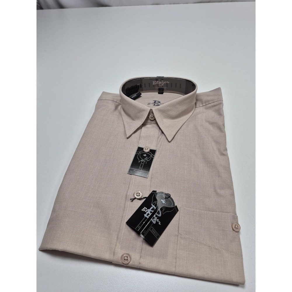 Blazer Dress Shirt Mens 16 32/33 Beige Check 100% Cotton Woven Long Sleeve